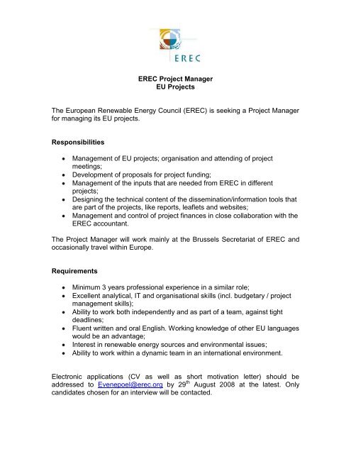 Job Description Ewea Project And Events Manager European
