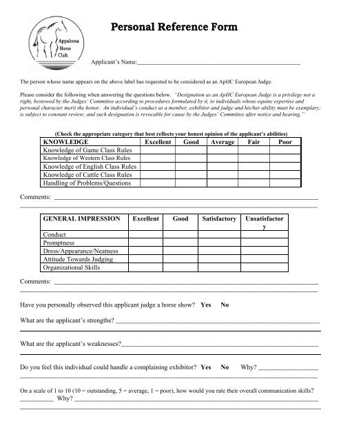 European Judges Personal Reference Form - Appaloosa Horse Club