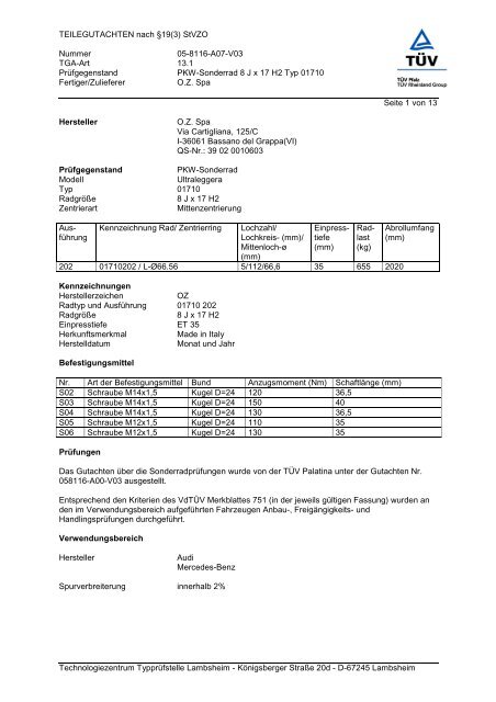 TEILEGUTACHTEN nach Ã‚Â§19(3) StVZO Nummer 05-8116-A07-V03 ...