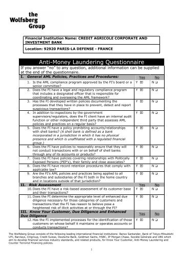 72 KoWolfsberg AML Questionnaire - Crédit Agricole CIB