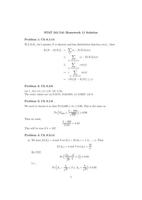 Stat 241 541 Homework 11 Solution Problem 1 Ch 8 1 14 Stat 241 541 Homework 11 Solution Problem 1 Ch 8 1 14