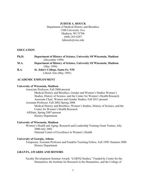 Judith A. Houck's C.V. - Medical History & Bioethics - University of ...