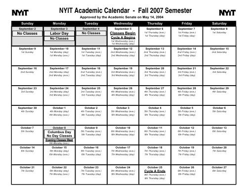 Nyit Academic Calendar - Fall 2007 Semester