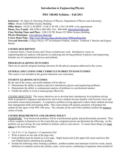 Introduction to Engineering/Physics PHY 108.002 Syllabus â Fall 2011