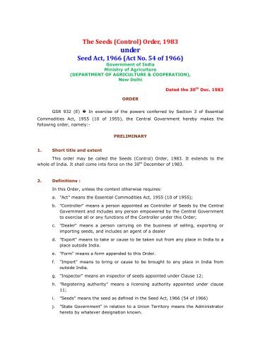 Seed Control Order, 1983 - Department of Agriculture, Govt. of Bihar
