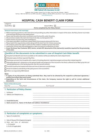 Hospital Cash Benefit Claim Form PDF - IDBI Federal Life Insurance