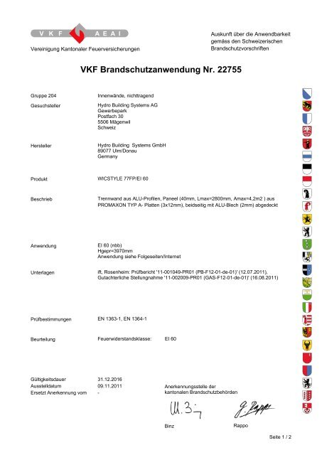 VKF Brandschutzanwendung Nr. 22755 - Wicona.ch