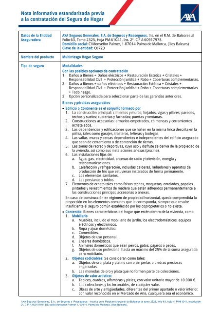 Nota informativa estandarizada previa a la contrataciÃ³n del ... - Axa