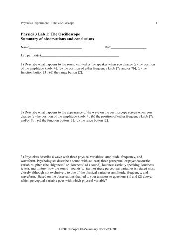 Physics 3 Lab 1: The Oscilloscope Summary of observations and ...