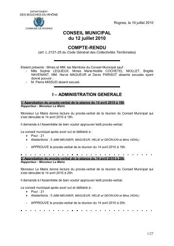 CONSEIL MUNICIPAL du 12 juillet 2010 COMPTE-RENDU - Rognes