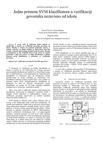 Jedna primena SVM klasifikatora u verifikaciji govornika ... - Infoteh