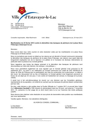 Lettre de la Commune d'Estavayer-le-Lac à M. Jean-Marc Mauroux ...