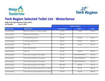 York Region Selected Toilet List - WaterSense - Water For Tomorrow