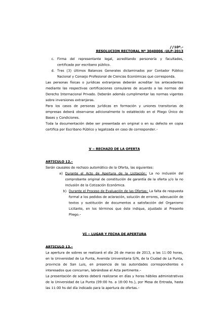 Licitacion Publica NÂº 3-ULP-2013 Pliego de Bases y Condiciones