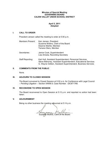 Minutes of the Regular Meeting - Cajon Valley Union School District