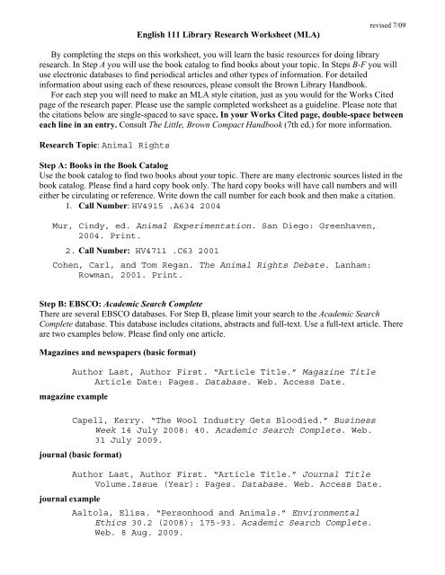 Sample English 111 Library Research Worksheet (MLA)