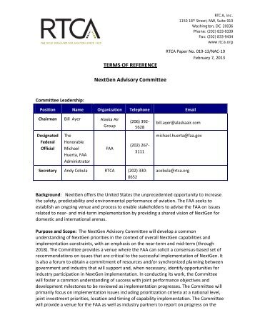 TERMS OF REFERENCE NextGen Advisory Committee - RTCA