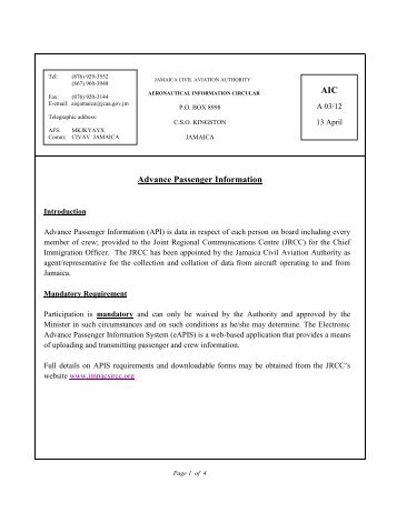 AIC A03-2012 - Adv Pass Info - Jamaica Civil Aviation Authority