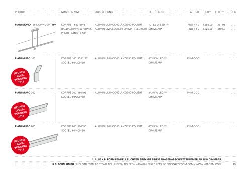 lIVIng lIgHt VerkAuFspreIslIste de 15.04.2012 - Milano