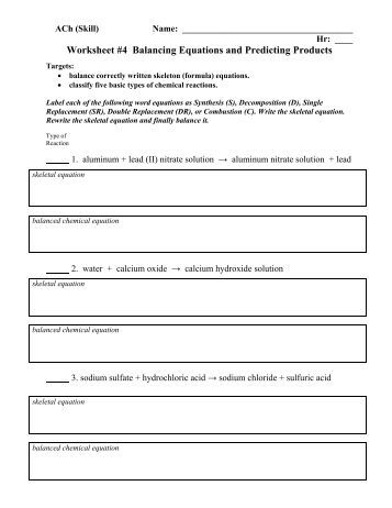 Worksheets Writing Skeleton Equations Worksheet With Answers word and skeleton equations ach whitnall high school 1 9 worksheet 4 predicting products pdf school