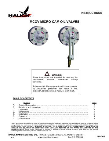 MCOV MICRO-CAM OIL VALVES - Hauck Manufacturing