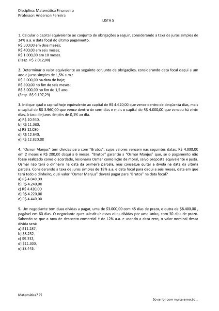 Lista 5 MatemÃ¡tica Financeira