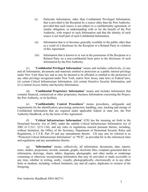 Port Authority Non-Disclosure and Confidentiality Agreement (NDA)