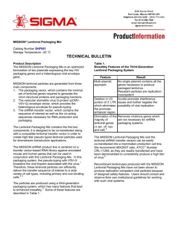 MISSION Lentiviral Packaging Mix (SHP001) - Technical Bulletin