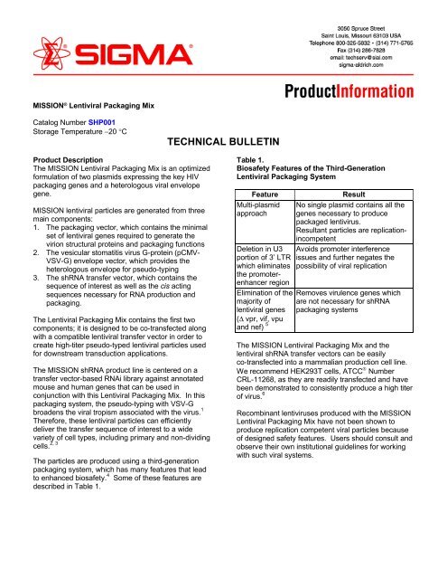 MISSION Lentiviral Packaging Mix (SHP001) - Technical Bulletin