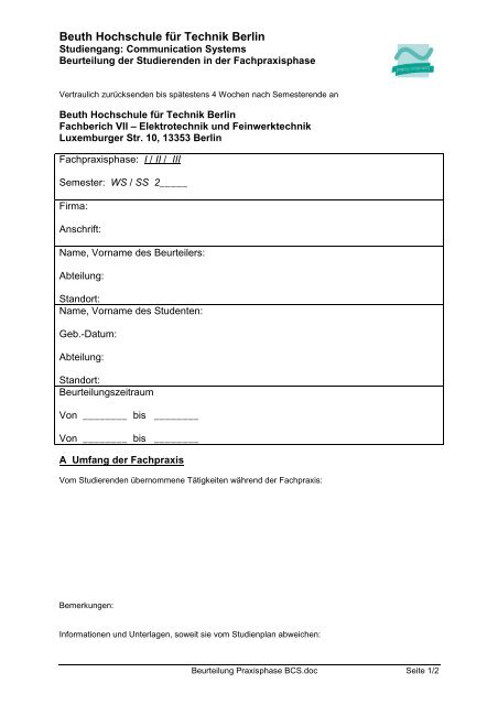 Beurteilung Praxisphase BCS - Beuth Hochschule für Technik Berlin
