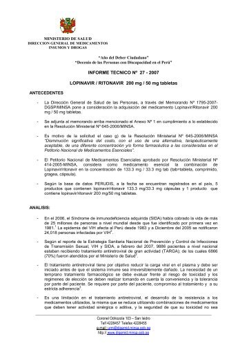 INFORME TECNICO NÂº 27 - 2007 LOPINAVIR / RITONAVIR 200 mg ...