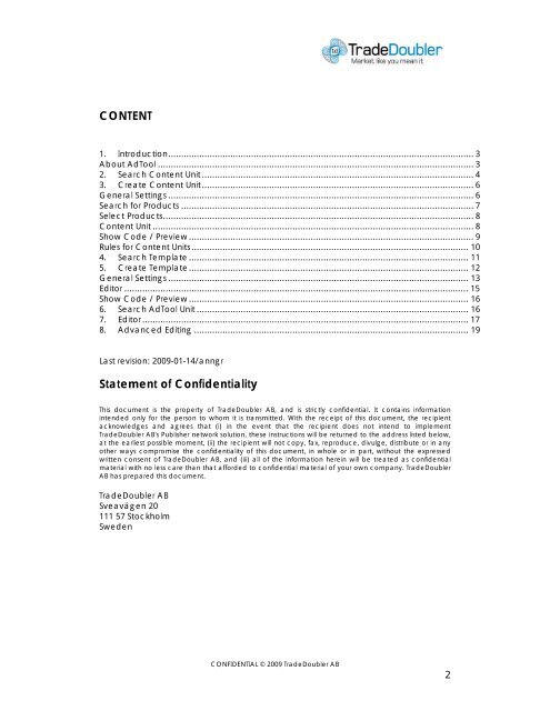 Publisher User Manual AdTool Management - Tradedoubler
