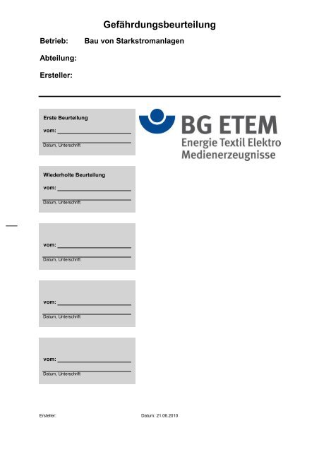 Bau Von Starkstromanlagen Die Bg Etem