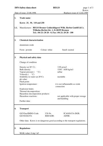 DIN-Safety-data-sheet BEGO page 1 of 3 Korox - Doriot Dent (Ro)