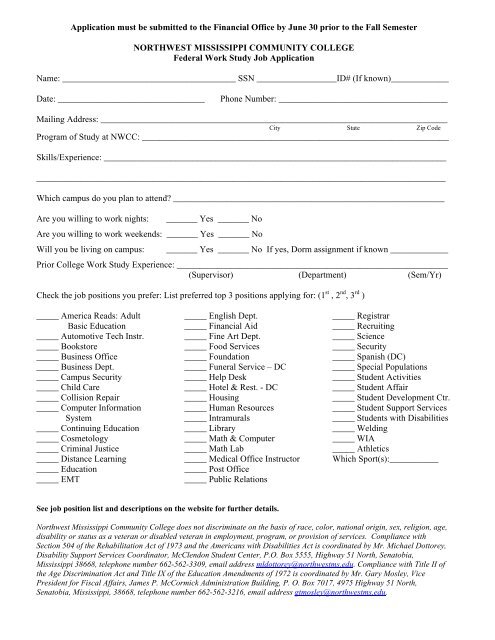 Federal Work Study Job Application Northwest Mississippi