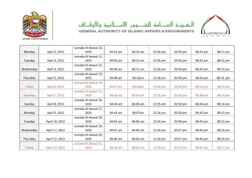 Prayer times in Abu Dhabi â Jumada Al Awwal 1433 A.H. ...