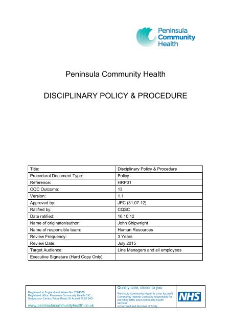 Disciplinary Policy And Procedure - the Royal Cornwall Hospitals ...