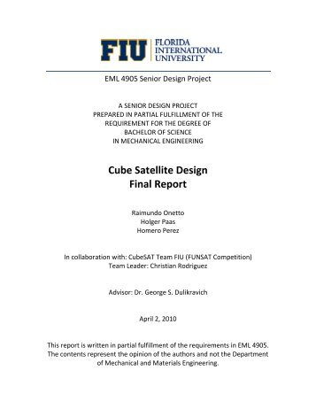 Cube Satellite Design Final Report - Engineering and Computing ...