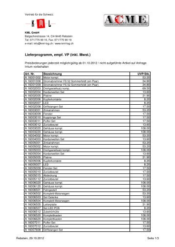 ACME Ersatzteile Verkaufspreisliste 2012 - auf kml-log