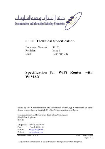 CITC Technical Specification Specification for WiFi Router with WiMAX