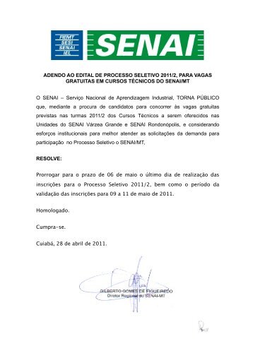 ADENDO AO EDITAL DE PROCESSO SELETIVO 2011-2 - SENAI-MT