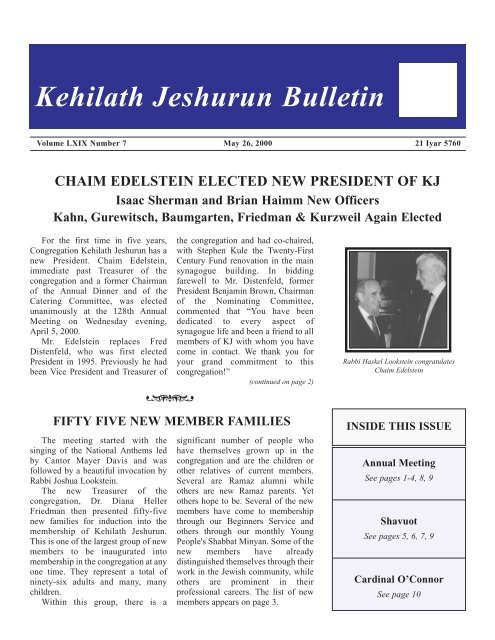 Kehilath Jeshurun Bulletin - Congregation Kehilath Jeshurun