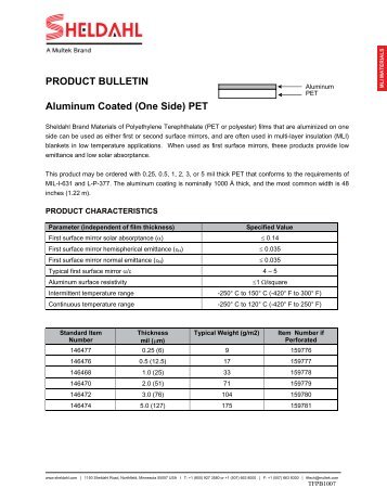 PRODUCT BULLETIN Aluminum Coated (One Side) PET - Sheldahl