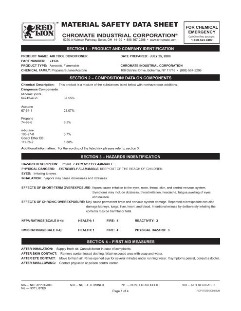 MATERIAL SAFETY DATA SHEET - Chromate Industrial Corporation