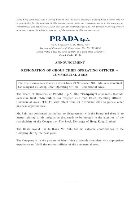 announcement resignation of group chief operating ... - Prada Group
