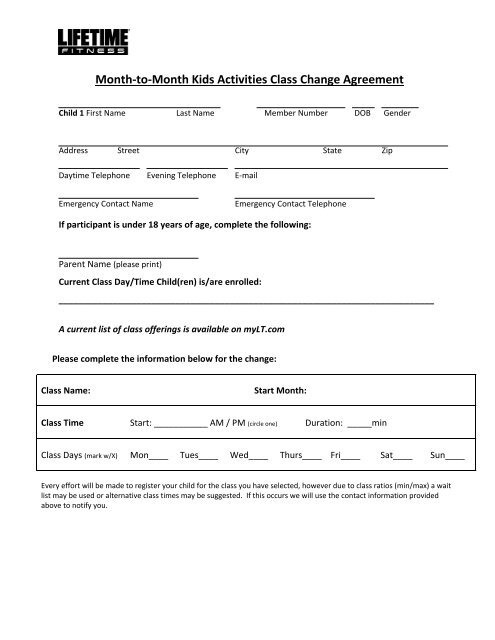 Continuous Swim Lesson Registration Form Life Time Fitness