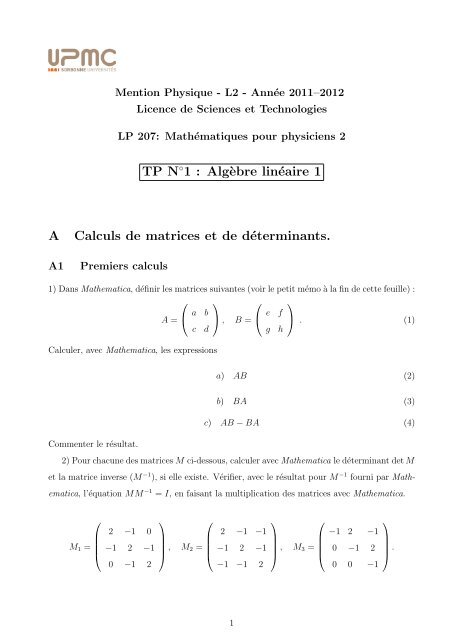 TP N 1 : Alg`ebre linÃ©aire 1 A Calculs de matrices et de ... - lpthe