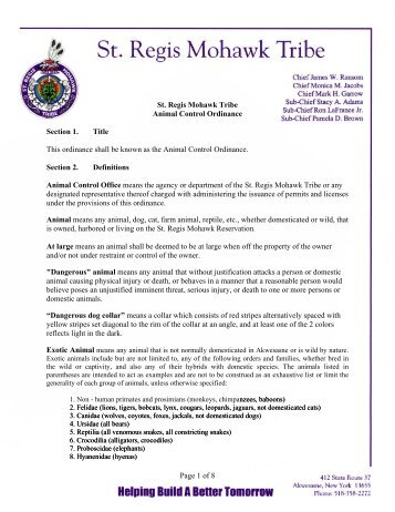 Proposed Tribal Dog Ordinance - Saint Regis Mohawk Tribe