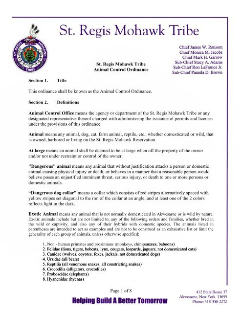 Proposed Tribal Dog Ordinance - Saint Regis Mohawk Tribe