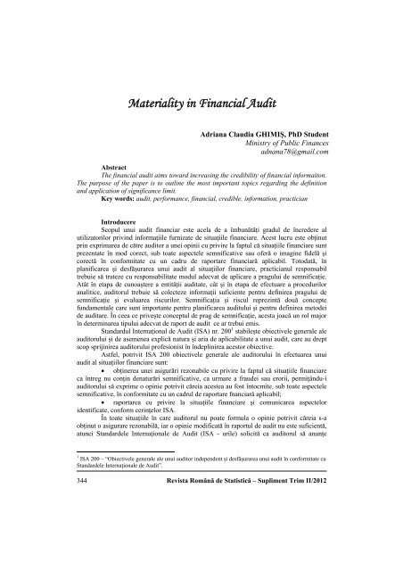 Materiality in Financial Audit - Revista RomÃ¢nÄ de StatisticÄ